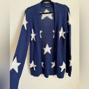 Claudia Nichole Cashmere Blue White Star Boho open Cardigan Size Small